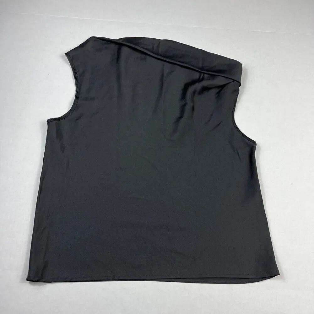 Renee C USA Blouse Black Satin Lightweight Asymmetric Top Short Sleeve SMALL